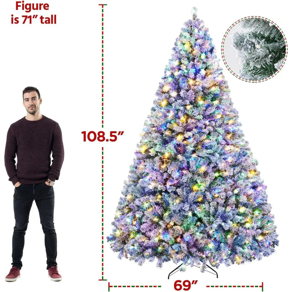 Spruce Artificial Christmas Tree Pre-lit 9ft Snow Hinges Tree with 900 Multicolor LED Lights & 2108 Branch Tips & Metal Stand