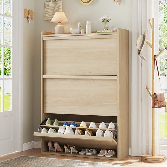 Shoe Cabinet with 3 Flip-Down Doors & Adjustable Shelf - Narrow Wood Storage Organizer for Entryway, Hallway