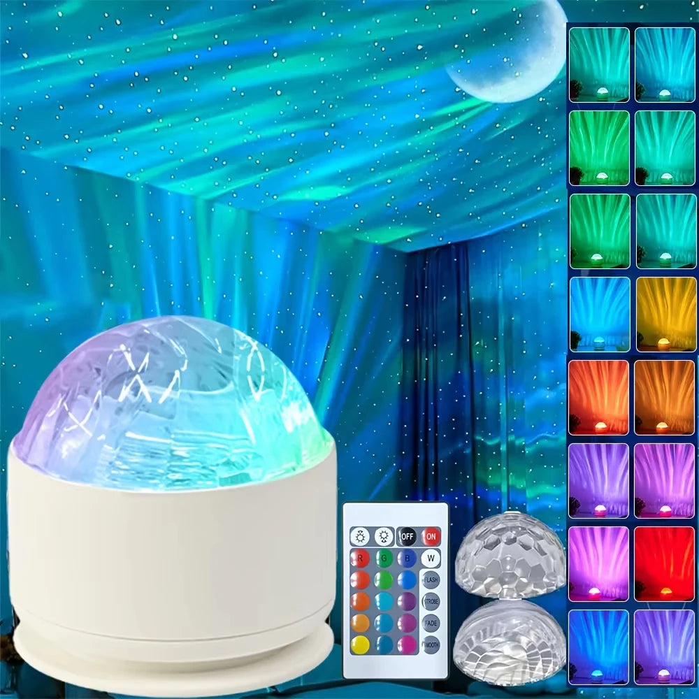 16-Color Aurora Galaxy Projector Night Light . Northern Lights Water Ripple LED Lamp with Remote Control