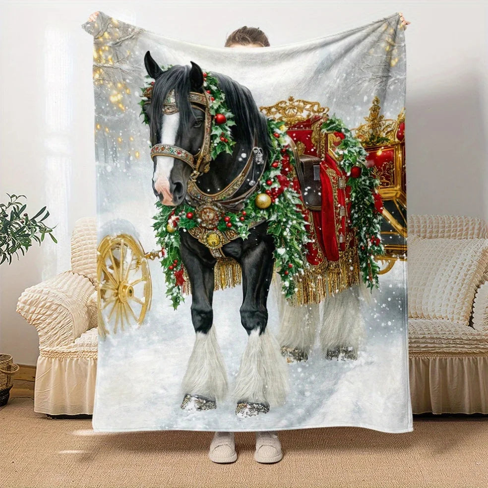 Soft and Warm Festive Christmas Horse Print Fleece Blanket - 1pc, Lightweight Flannel Throw for Home, Travel, Camping