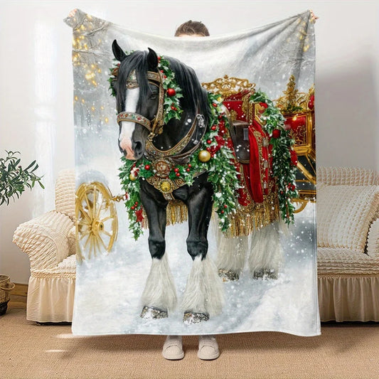 Soft and Warm Festive Christmas Horse Print Fleece Blanket - 1pc, Lightweight Flannel Throw for Home, Travel, Camping