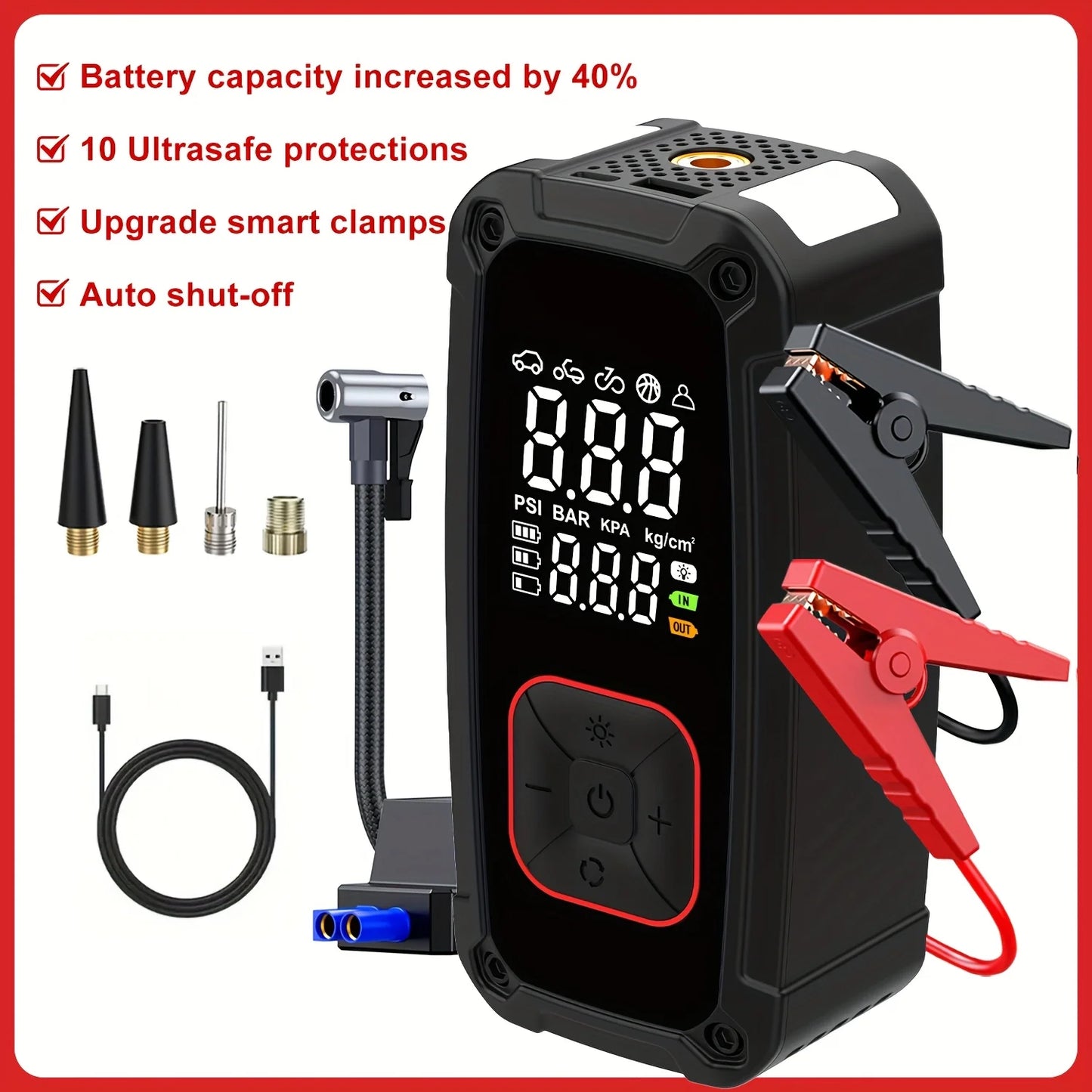 4000A Car Jump Starter with Air Compressor, Portable Battery Jump Starter 4000A Peak Current, 150PSI Digital Tire Inflator.