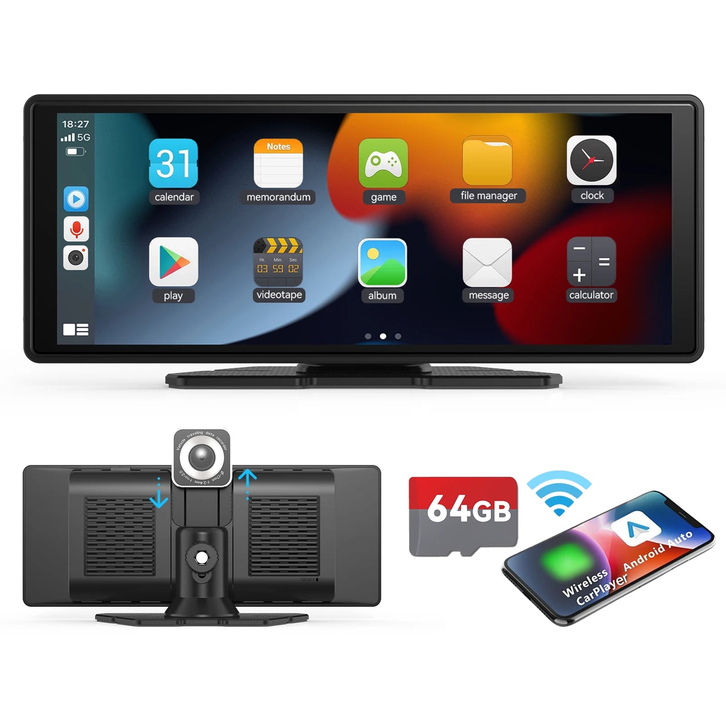 Portable Wireless CarPlay & Android Auto Car Stereo .10.26” HD Touchscreen Display with Bluetooth, GPS & Voice Control  Description:
