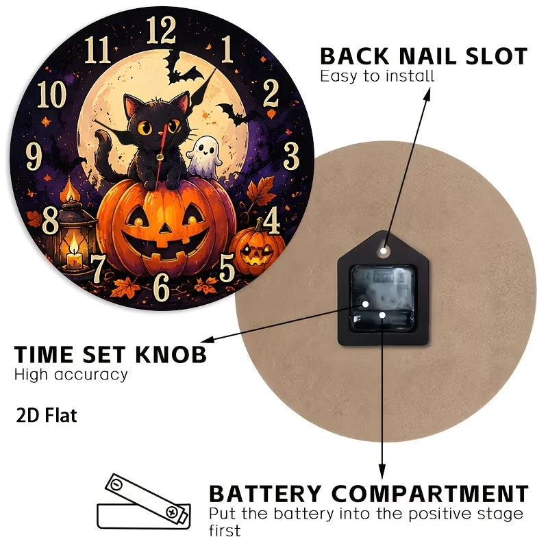 Black Cat & Pumpkin Halloween Wall Clock . Silent Non-Ticking Decorative Clock for Spooky Home Décor