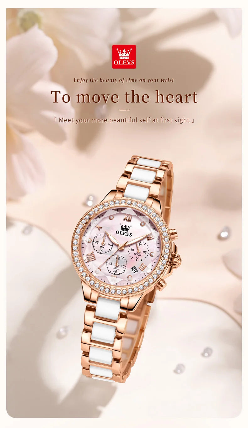 OLEVS Luxury Women’s Waterproof Chronograph Watch. Rose Gold Crystal Fashion Timepiece