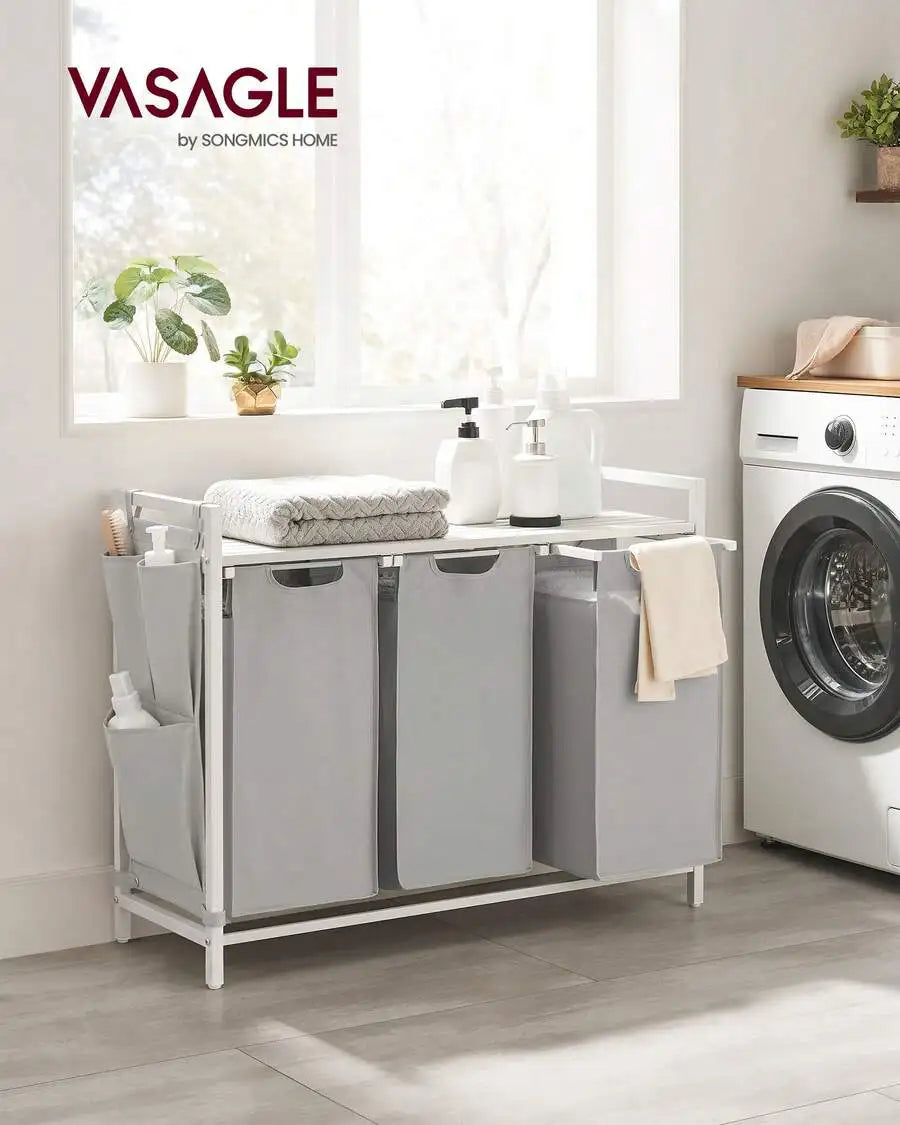3-Section Laundry Sorter Hamper with Removable Bags & Pull Handles