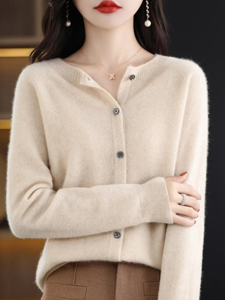 New Fashion Spring 100% Merino Wool Womens O-neck Cardigan Cashmere Sweater 2024 Female Clothing Grace Knitwear Korean Tops