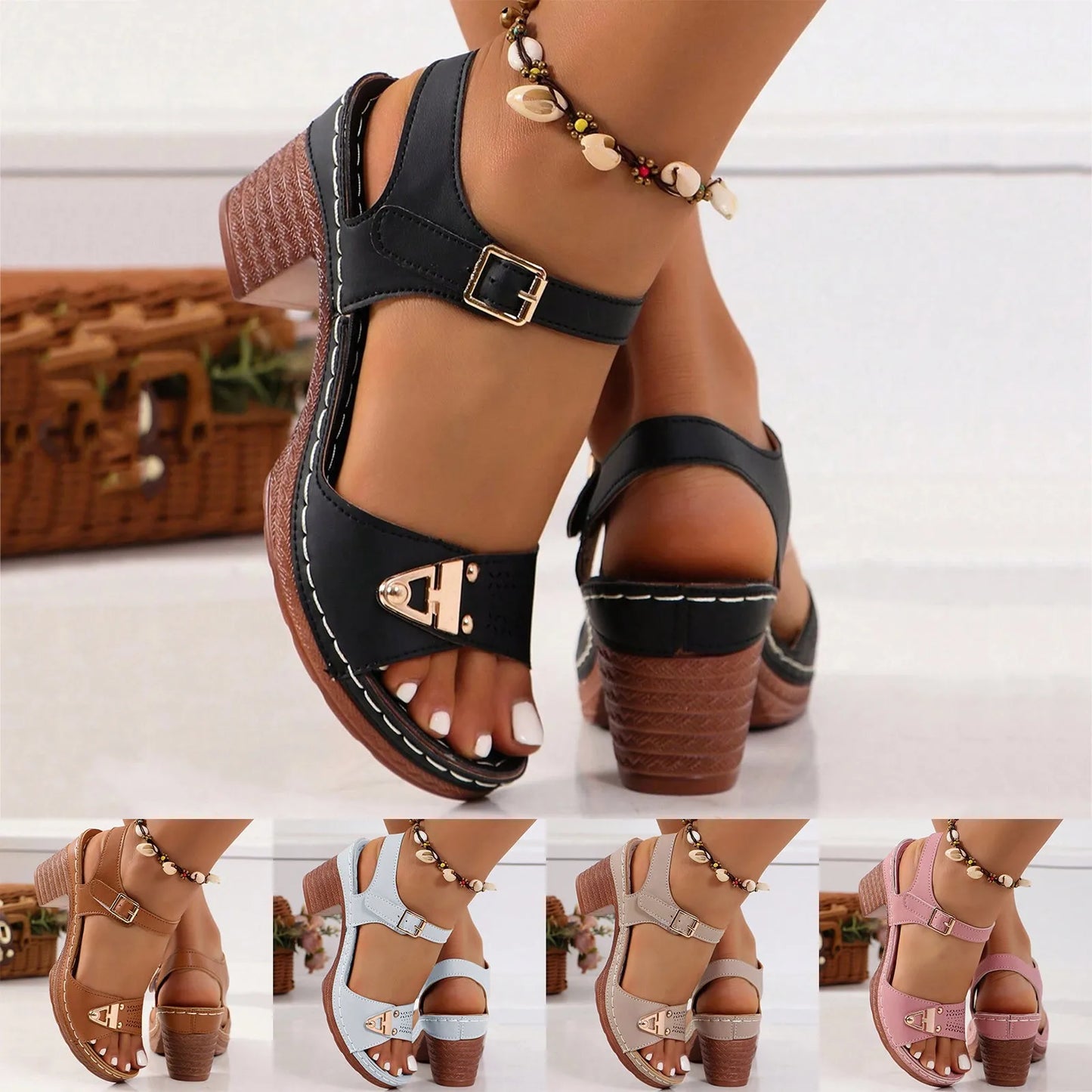 Young Girls' Fashion Sandals With Adjustable Buckles Multi-Strap Thick Medium Heel Solid Color One Line Sandals For Women Sexy