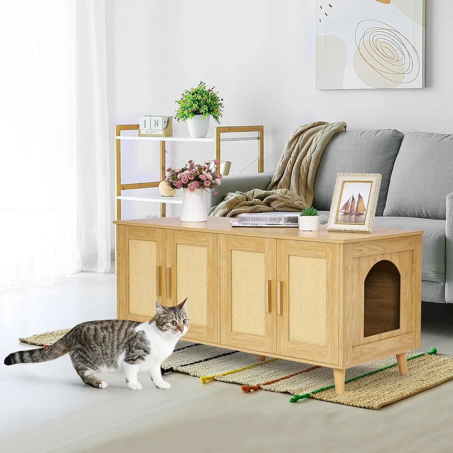 Homhedy Boho Cat Litter Box Enclosure for 2 Cats Litter Box Furniture Hidden with Double Rattan Decorated Doors,Wooden Cat