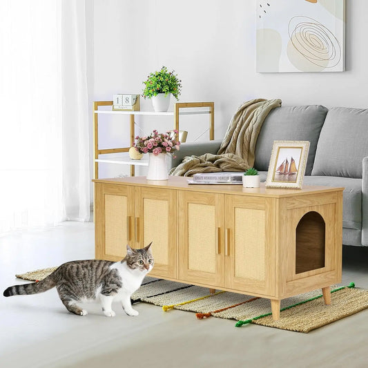 Homhedy Boho Cat Litter Box Enclosure for 2 Cats Litter Box Furniture Hidden with Double Rattan Decorated Doors,Wooden Cat
