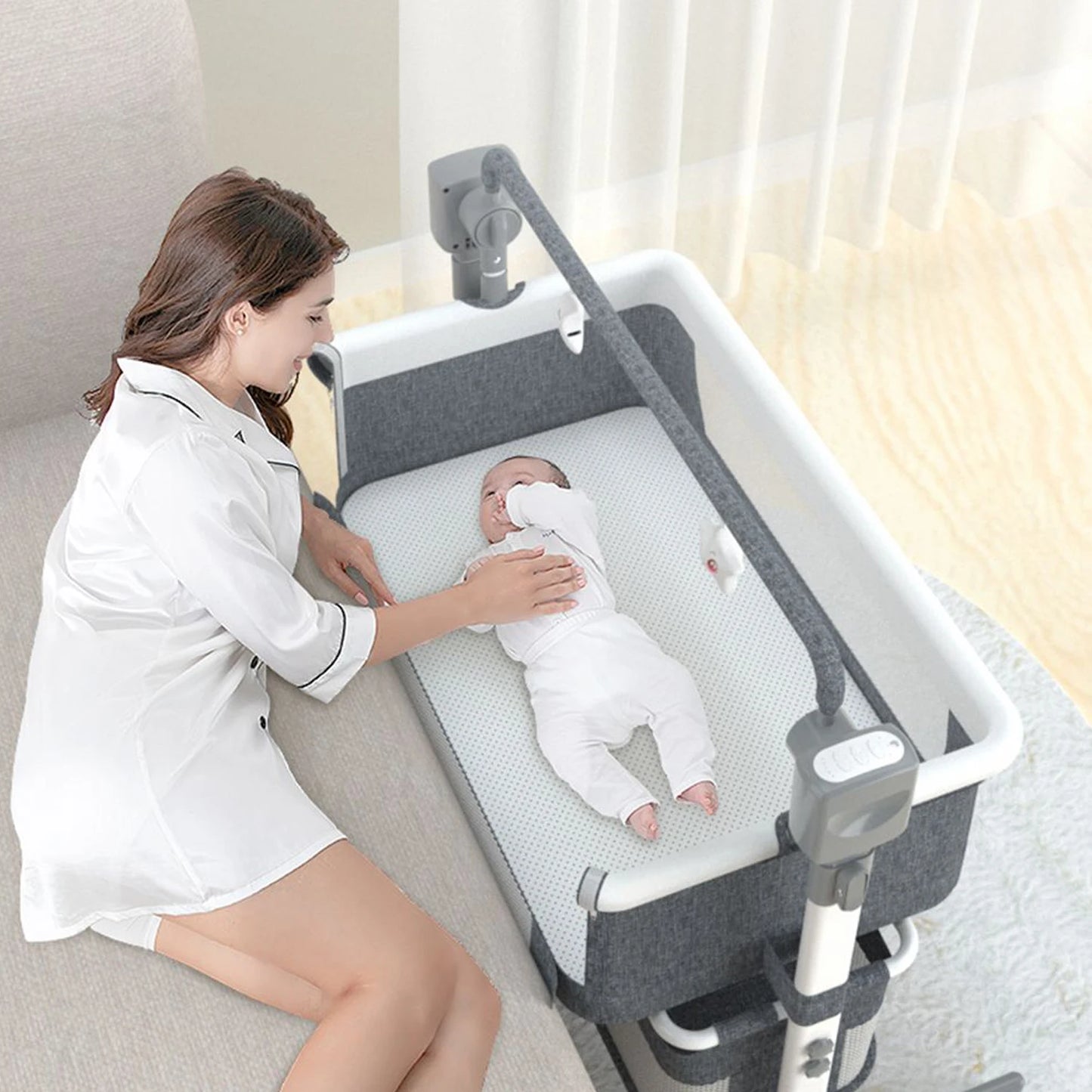 5-in-1 Portable Baby Bassinet with Changing Table, Bedside Sleeper, Storage Shelf & Wheels