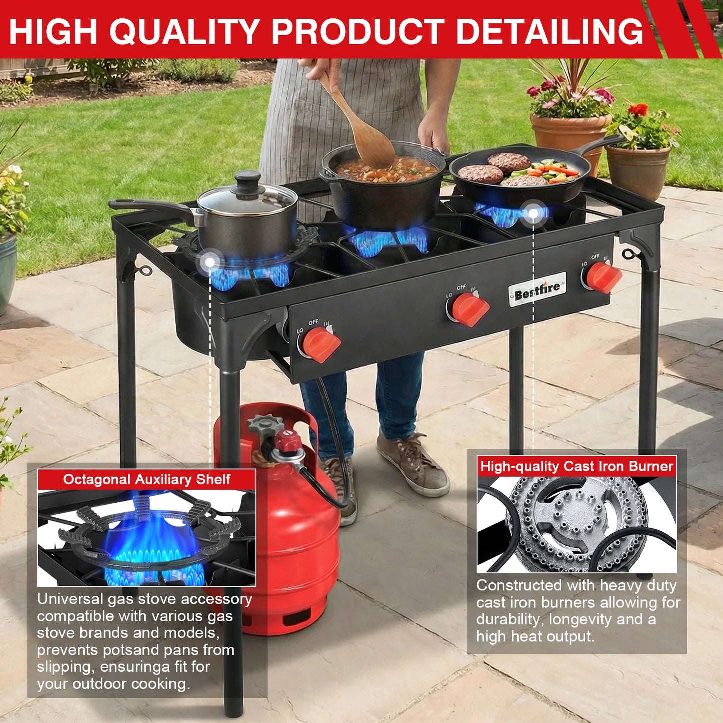3 Burner Propane Camping Stove with Regulator . High Power Outdoor Gas Cooker for Camping, Tailgating & Backyard Cooking  Description