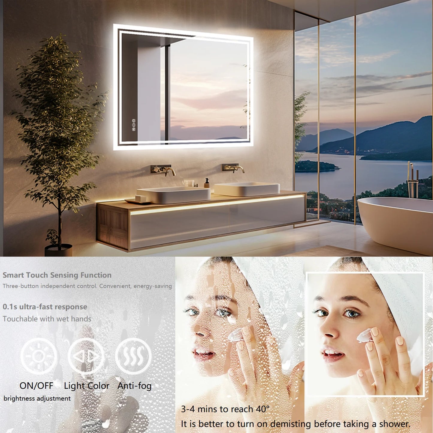 LED Bathroom Mirror Illuminated Wall Mounted Touch Light