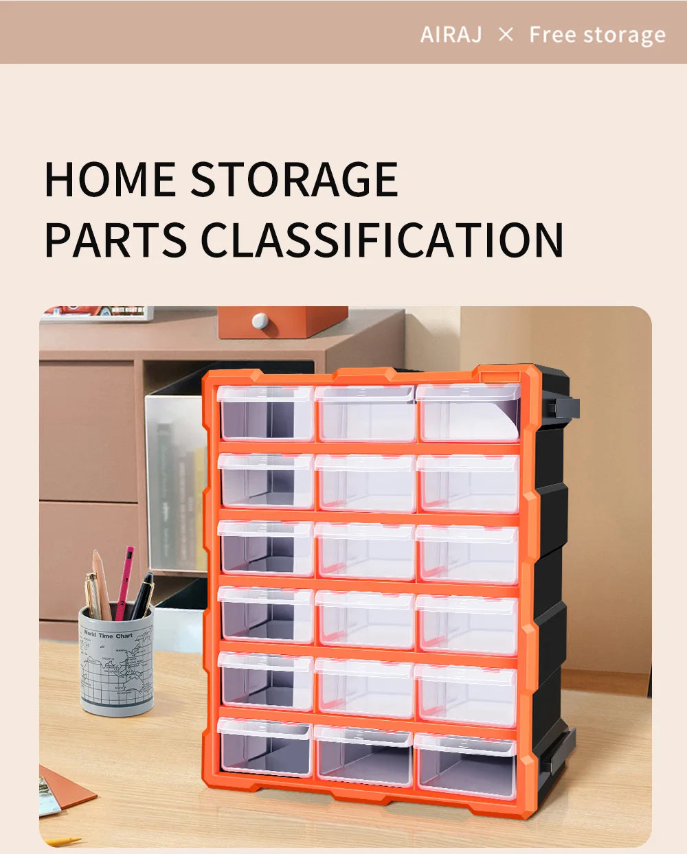 AIRAJ Multi-Drawer Storage Organizer - 18 Slots, Plastic Parts & Crafts Cabinet for Desk or Wall Mount, Ideal for Hardware, Bead