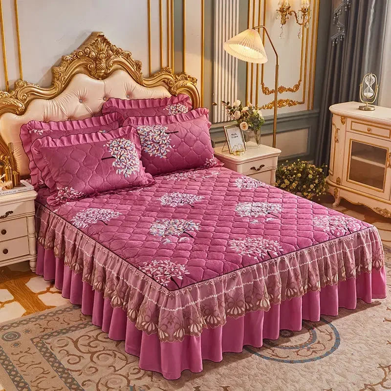 Luxury European Velvet Quilted Bed Skirt Set