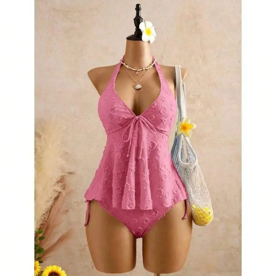 Women’s Halter Neck Swim Dress | Lace Texture One-Piece Swimsuit with Tummy Control