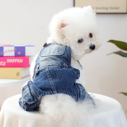 Dog Blue Denim Overalls with Pockets Stylish Distressed Dog Jeans for Small Dogs