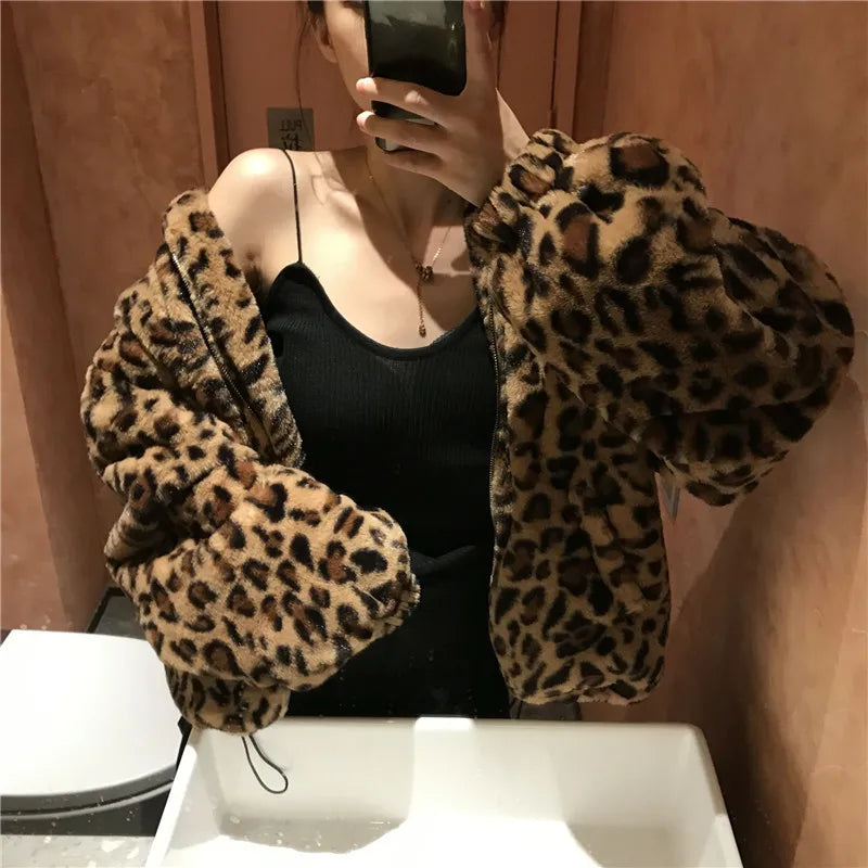 Women's Leopard Print Puffer Jacket – Warm Quilted Winter Coat with Stand Collar