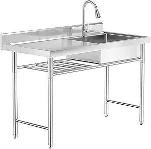 Commercial Kitchen Sink, Single Bowl Stainless Steel Kitchen Catering Sink with Faucet & Drainboard for Restaurant, Kitchen, Gar