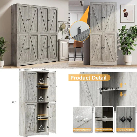 "Set of 2 Tall Farmhouse-Style Kitchen Pantry Cabinets with 4 Barn Doors and Adjustable Shelves, 72" Freestanding Storage"