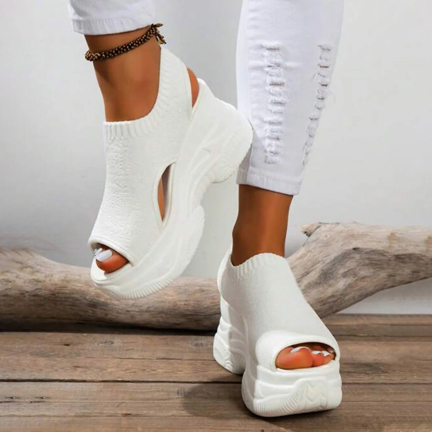 Thick Soled Sandals For Women Summer Mesh Breathable Peep Toe Sloping Heel Sandals Plus Size Sports Walking Mesh Flat Shoes
