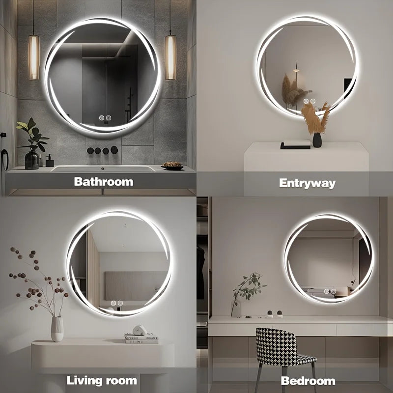 Circular LED Bathroom Mirror with Integrated Lighting | Anti-Fog Technology | Touch-Sensitive Dimmable | HD Makeup And Shaving Mirror | Wall-Mounted Vanity with Memory Function | US Standard Plug/Switch | 20" Diameter | Moder