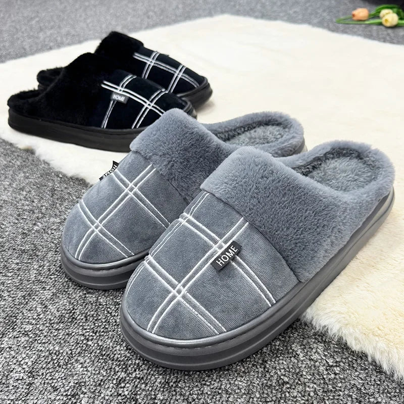 Men Home Slippers Plaid Memory Foam Winter Plush Male Indoor Shoes Warm Soft Non-Slip Slippers Black Large size 50-51 Fashion