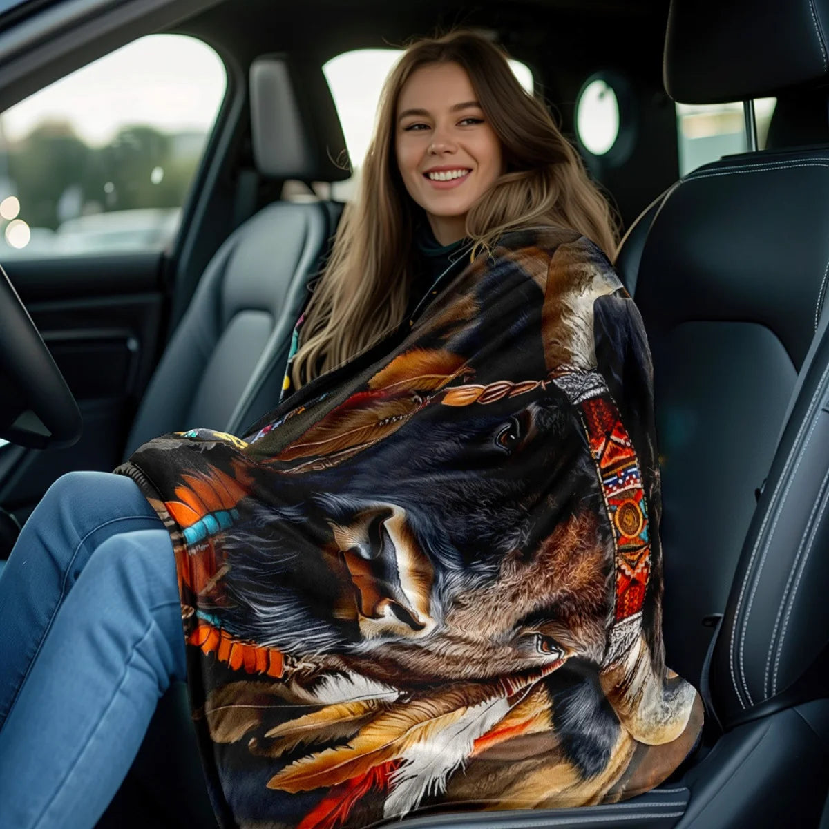 1 Native American Buffalo Feather Headband Flannel Blanket - Warm and soft, suitable for sofas, beds, living rooms, offices,