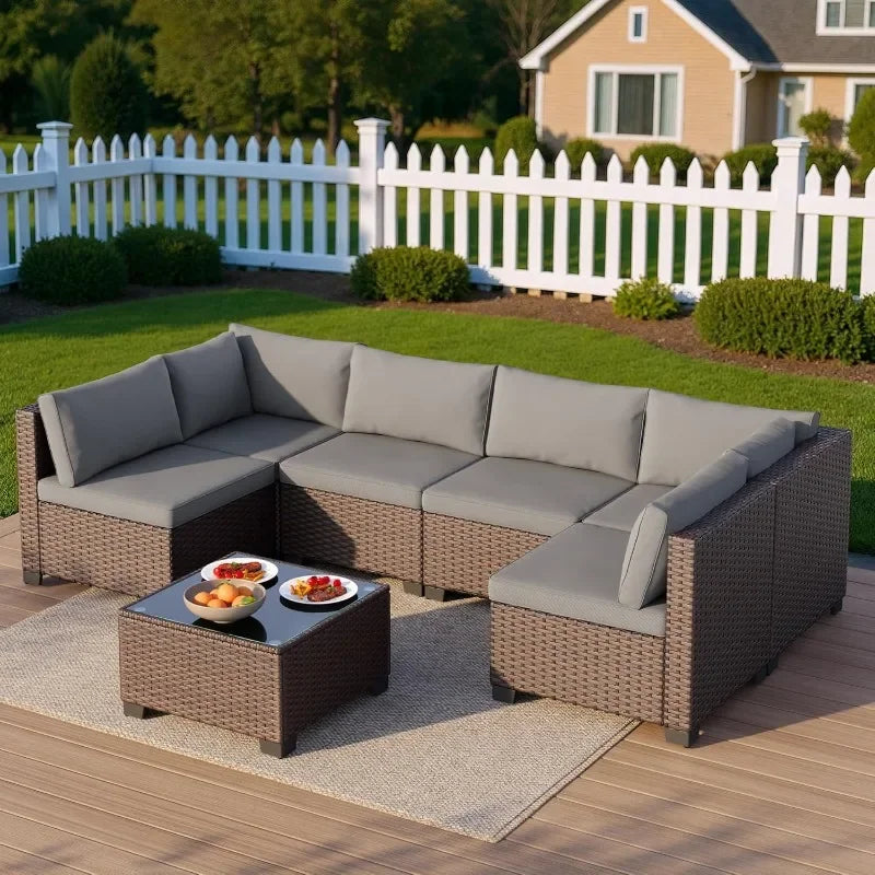 Qsun 7 Piece Outdoor Patio Furniture Set with PE Rattan Wicker Sectional Seating