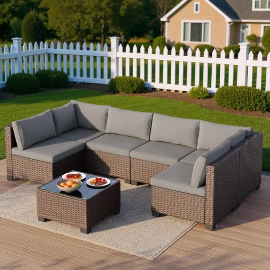 Qsun 7 Piece Outdoor Patio Furniture Set with PE Rattan Wicker Sectional Seating