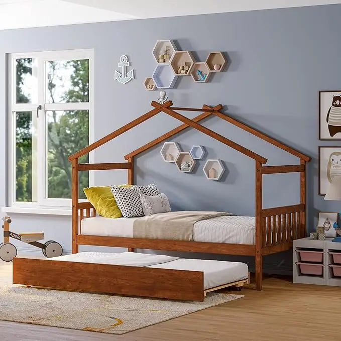 Bellemave Twin House Bed with Trundle, Montessori House Bed with Roof Design, Wood Daybed Frame for Kids, Boys, Girls, Sturdy Wo