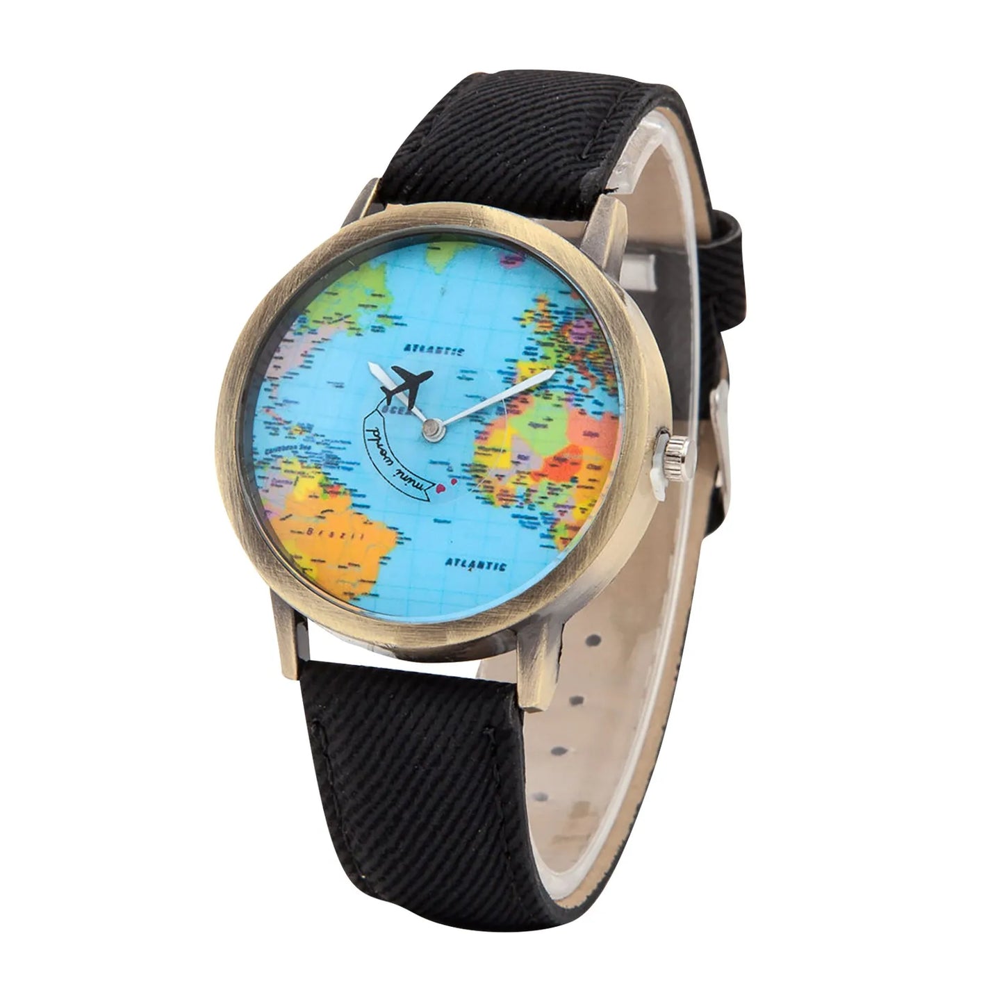 Women’s World Map Quartz Watch . Casual Leather Strap Fashion Timepiece