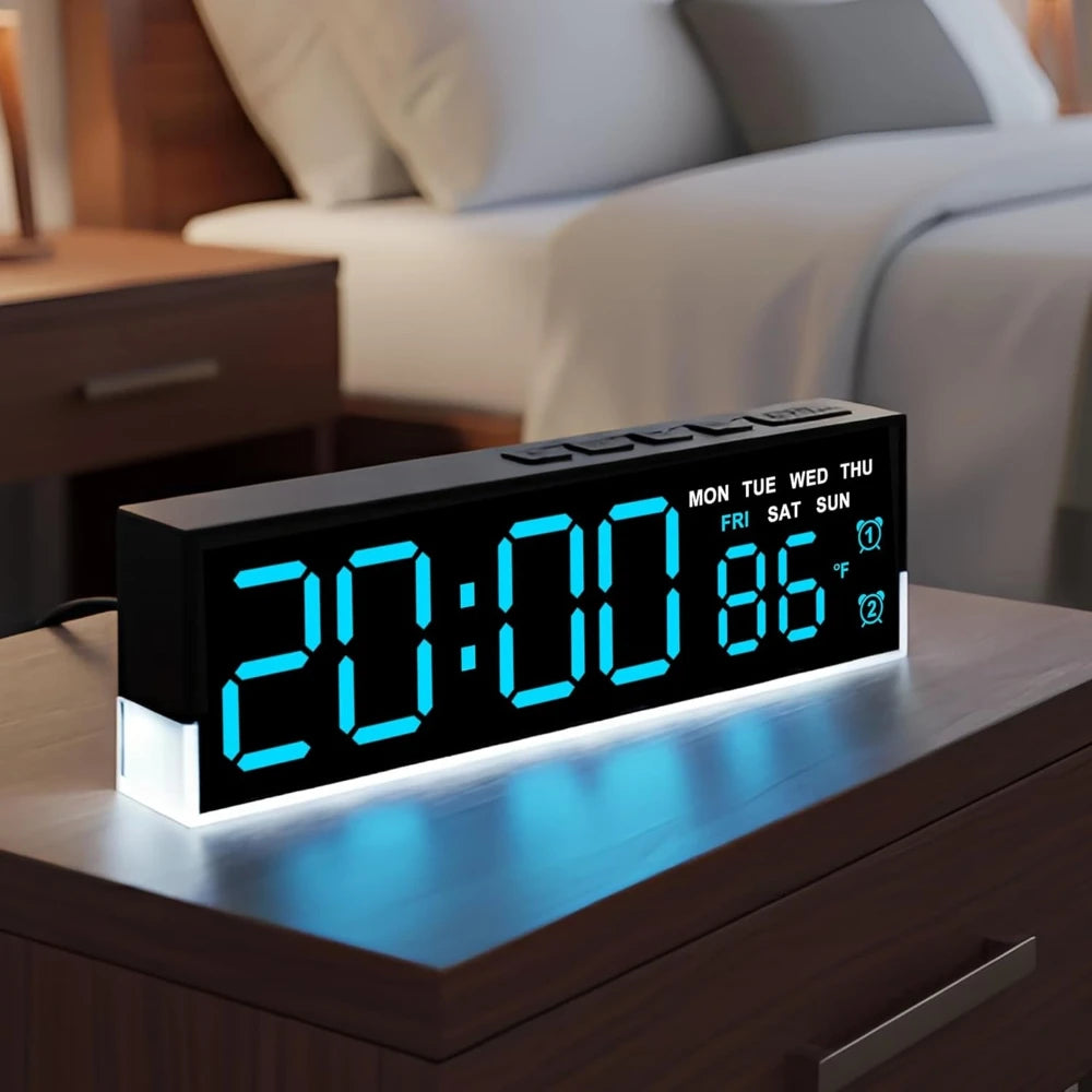 Modern LED Digital Alarm Clock – Large Blue Display & Ambient Glow