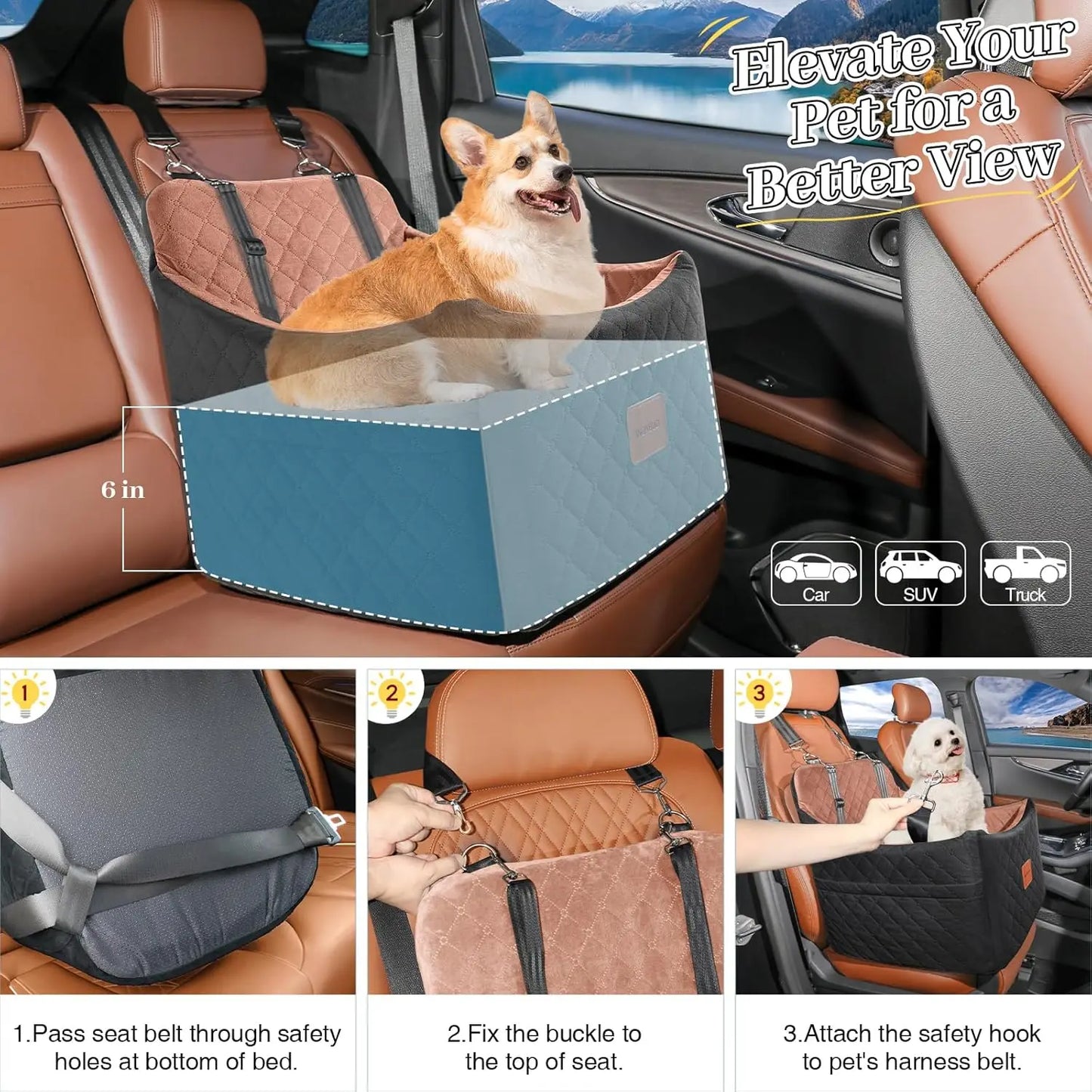 Memory Foam Dog Car Seat for Small/Medium Pets, Washable Cover with Storage Pockets, Up to 35 lbs