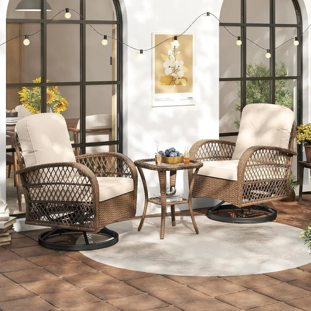 3 Pieces Wicker 360° Swivel Rocker Set Patio Furniture, Rocking Chairs with Cushions, Tempered Glass Coffee Table, Outdoor Ratt