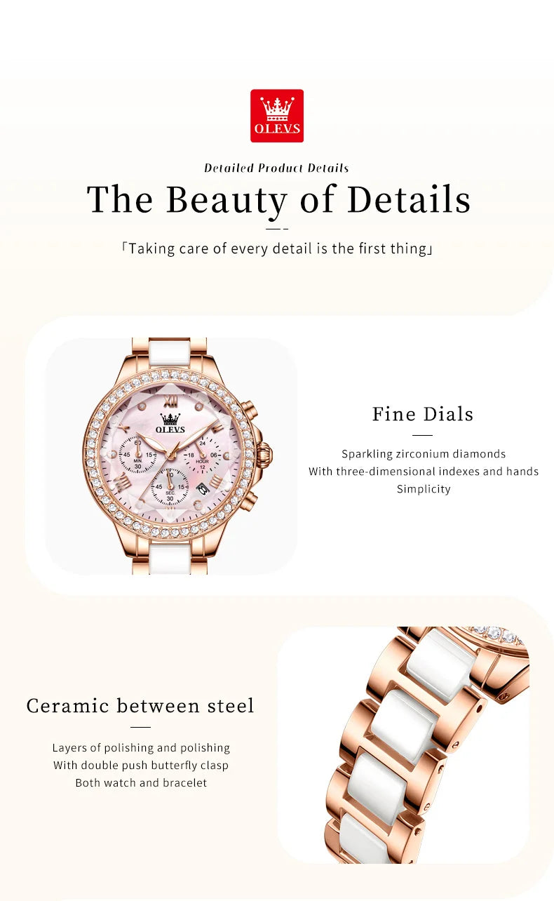 OLEVS Luxury Women’s Waterproof Chronograph Watch. Rose Gold Crystal Fashion Timepiece