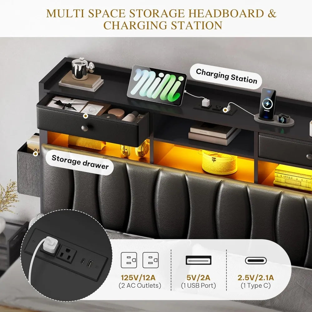 King Size Bed Frames with 2 Storage Drawers and Charging Station, Upholstered Platform Bed with Storage Headboard and L