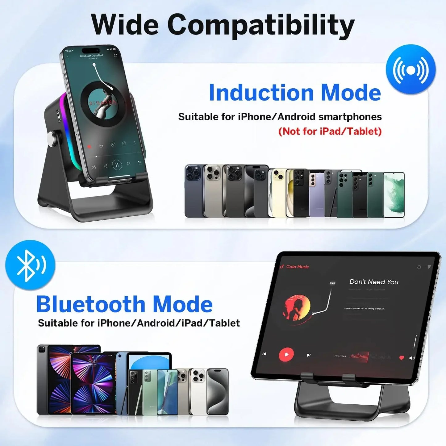 5-in-1 Wireless Charging Speaker Phone Stand with RGB Light and Bluetooth Audio