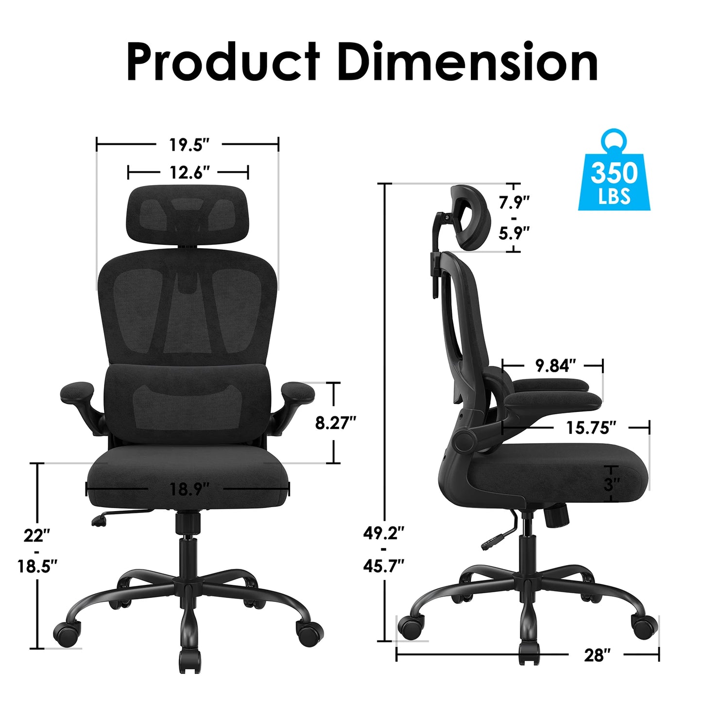 Ergonomic High Back Office Chair with Adjustable Headrest, Lumbar Support, Flip-Up Armrests & Reclining Computer Desk Chair