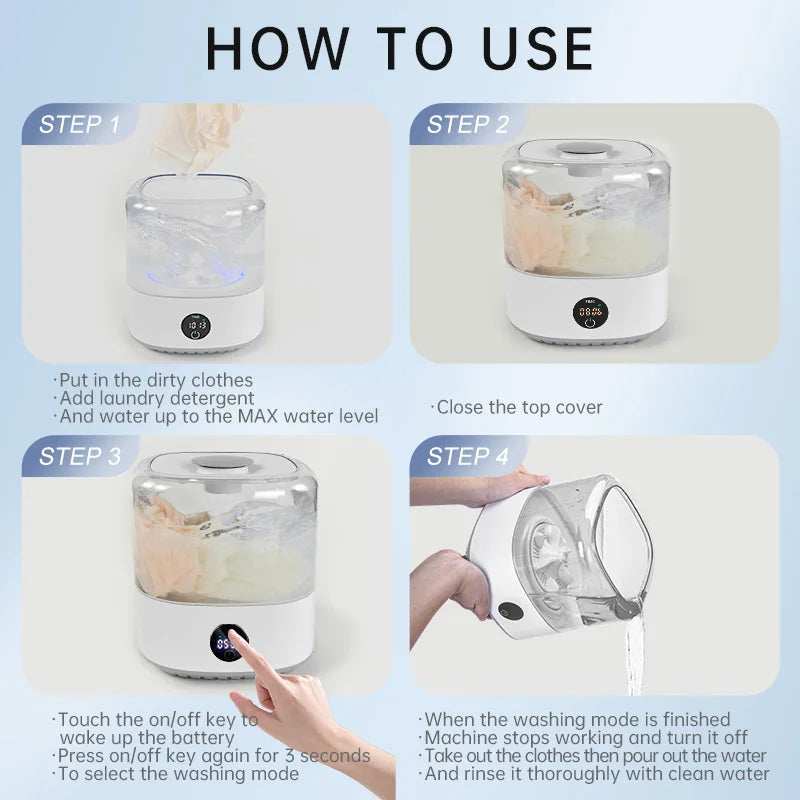 Mini Cordless Washer USB Rechargeable Portable, 3L For Delicates, Socks & Underwear, 3 Modes Quiet Design, Compact For Dorm, Travel & Small Spaces