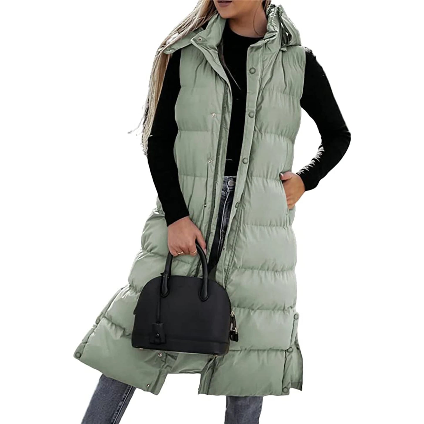 Women s Quilted Puffer Vest with Hood Sleeveless Zip-Up Winter Jacket Solid Color Warm Coat with Pockets for Cold Weather
