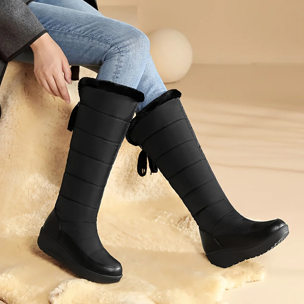 Women's Fuzzy Faux Fur Winter Snow Boots Fashion Platform Wedges Heel Pull On Waterproof Casual Comfy Knee High Boots Woman