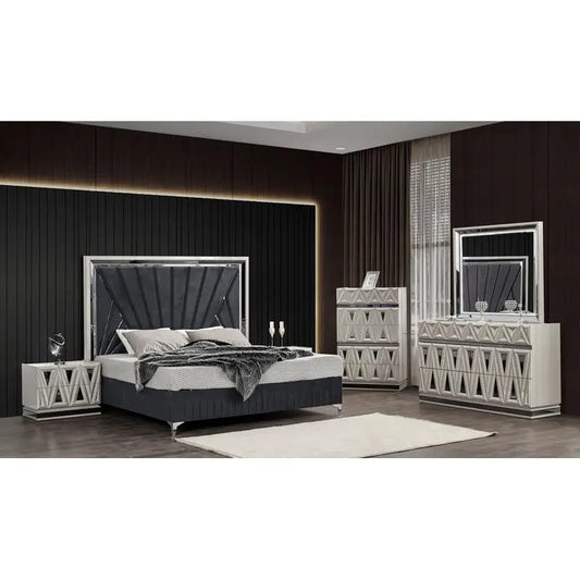 Modern Contemporary 5 Piece Queen Upholstered Bedroom Set with Wood and Gold Accents in River Sand Grey