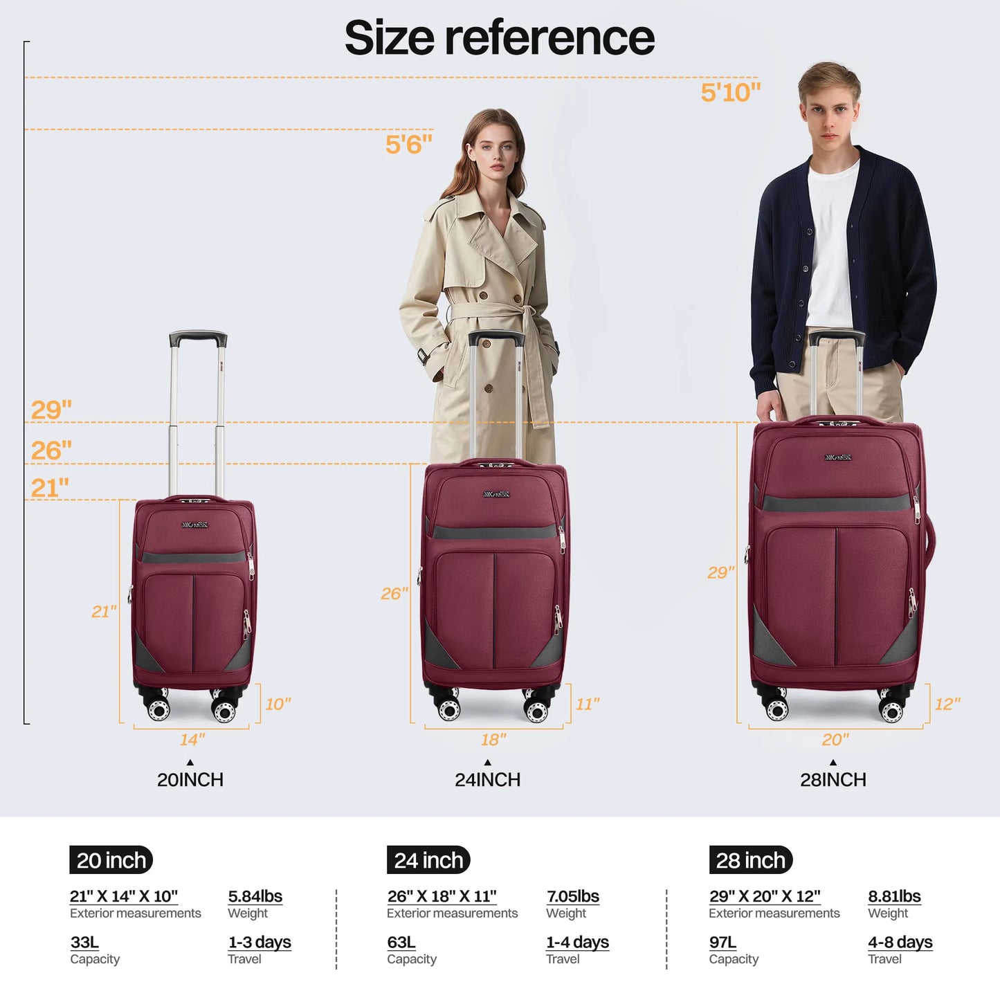 Softside Luggage Expandable 3 Piece Set Suitcase Upright Spinner Softshell Lightweight Luggage Travel Set 20inch 24inch 28inch
