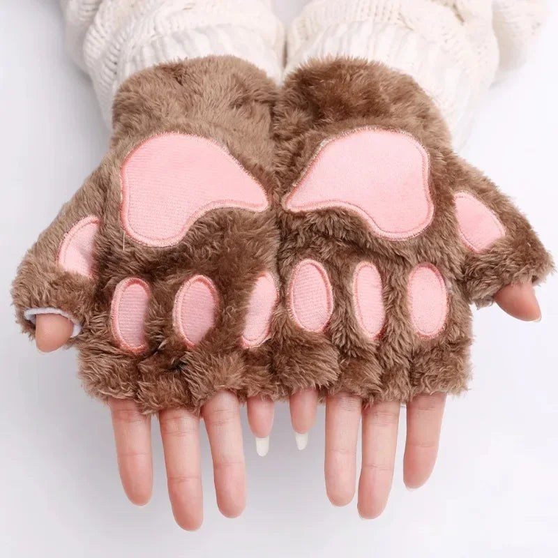 Lovely Plush Cat Claw Paw Gloves Short Fingerless Mittens