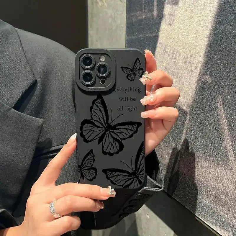 Minimalist Butterfly iPhone Case .  Matte Black Aesthetic Protective Phone Cover (iPhone 11–17 Series