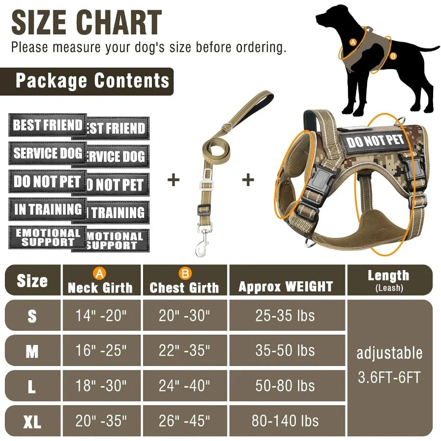Tactical Dog Harness and Leash Set for Large Dogs: Heavy Duty No Pull Service Dog Vest with 10 Patches Reflective Adjustable Pe