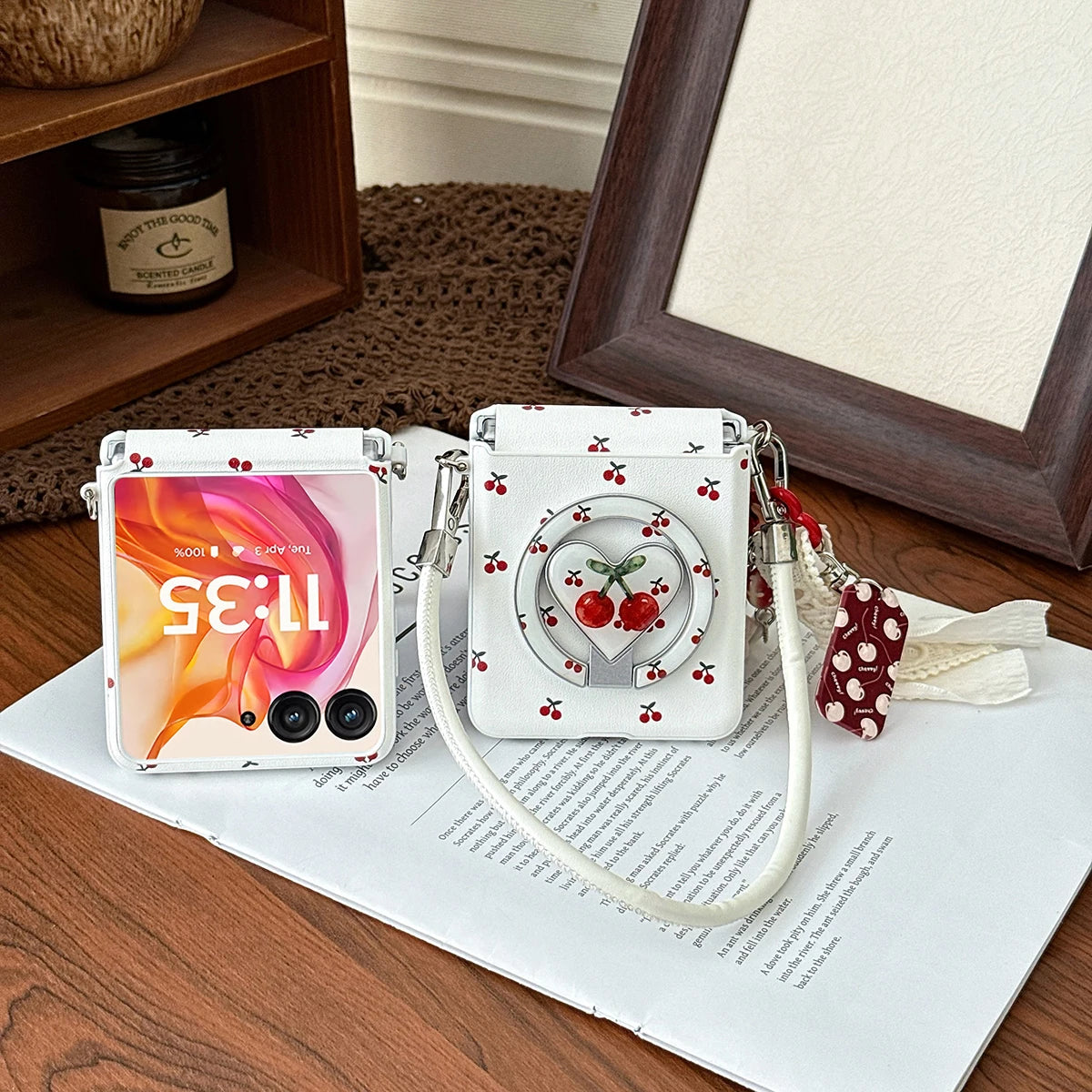 Cherry Print Magnetic Phone Case with Detachable Wrist Strap