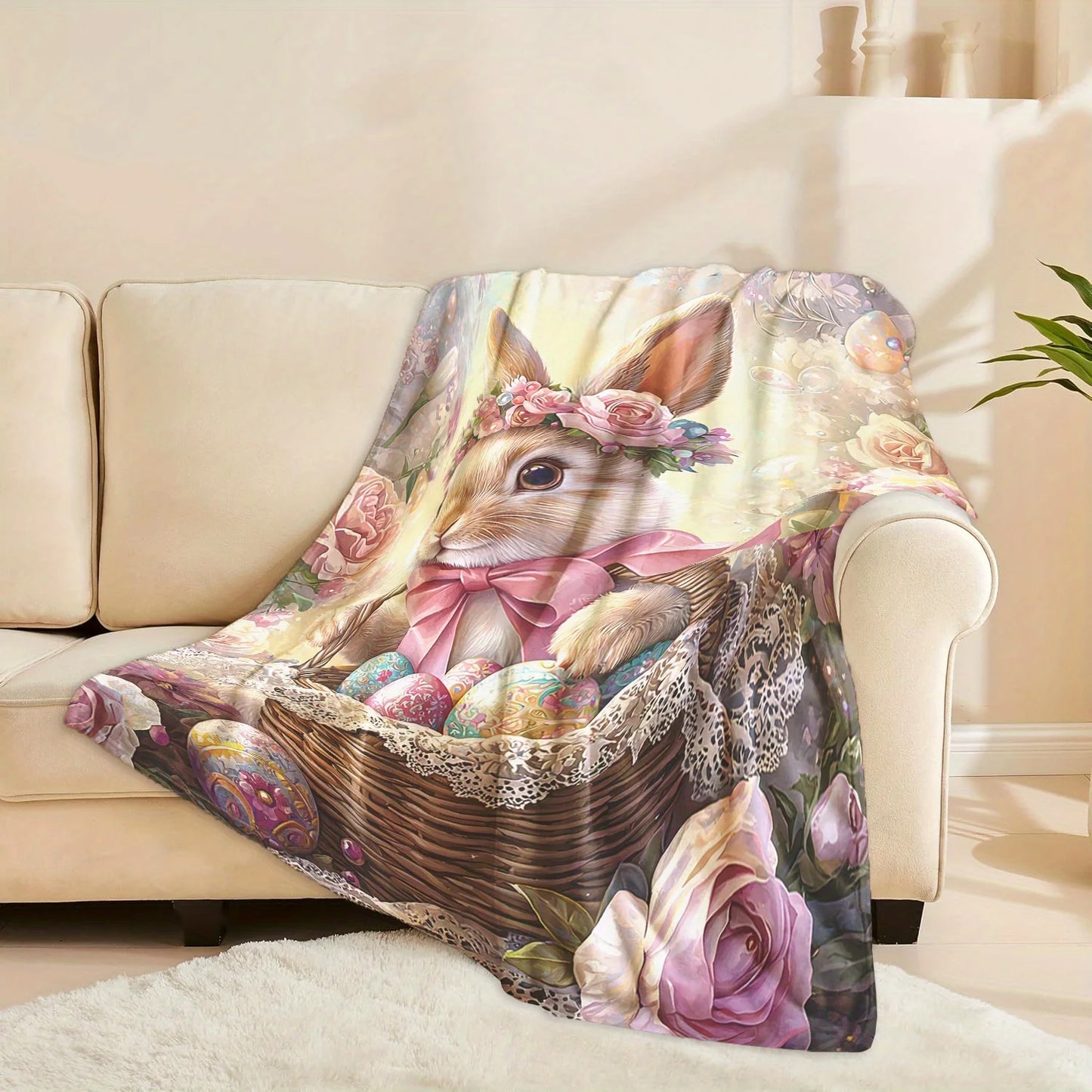 Easter Bunny Floral Egg Print Flannel Throw Blanket Soft Warm Cozy Blanket for Sofa Bed Travel Gifts