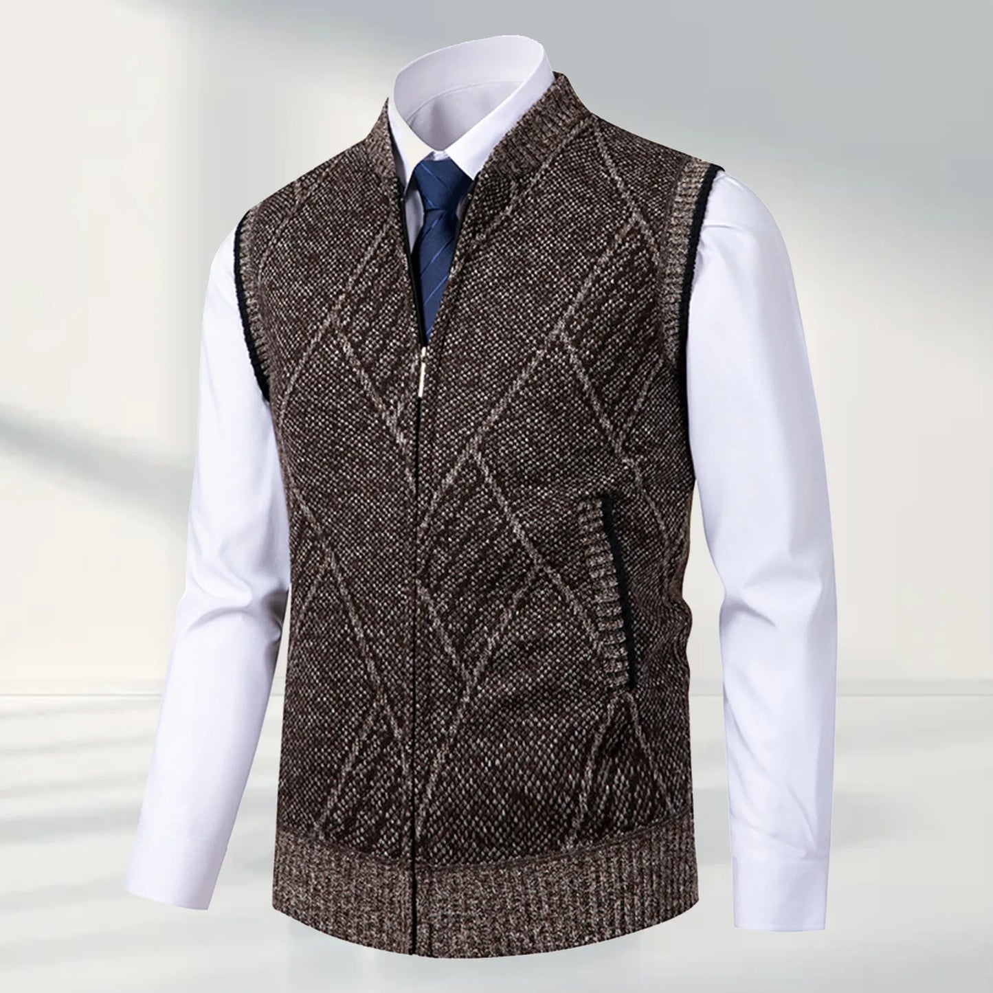 Men’s Business Casual Sweater Vest Thick Velvet Zip Cardigan